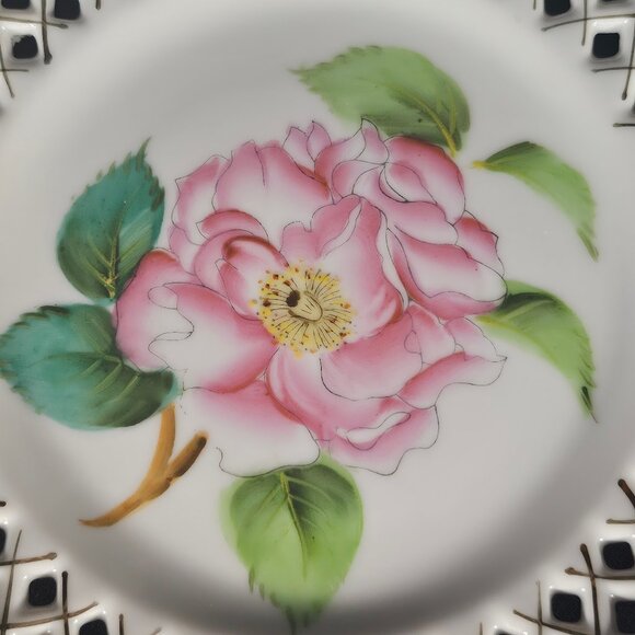 Made In Occupied Japan Decorative Rossetti Pink Floral Plate Lattice Edge - Picture 10 of 10